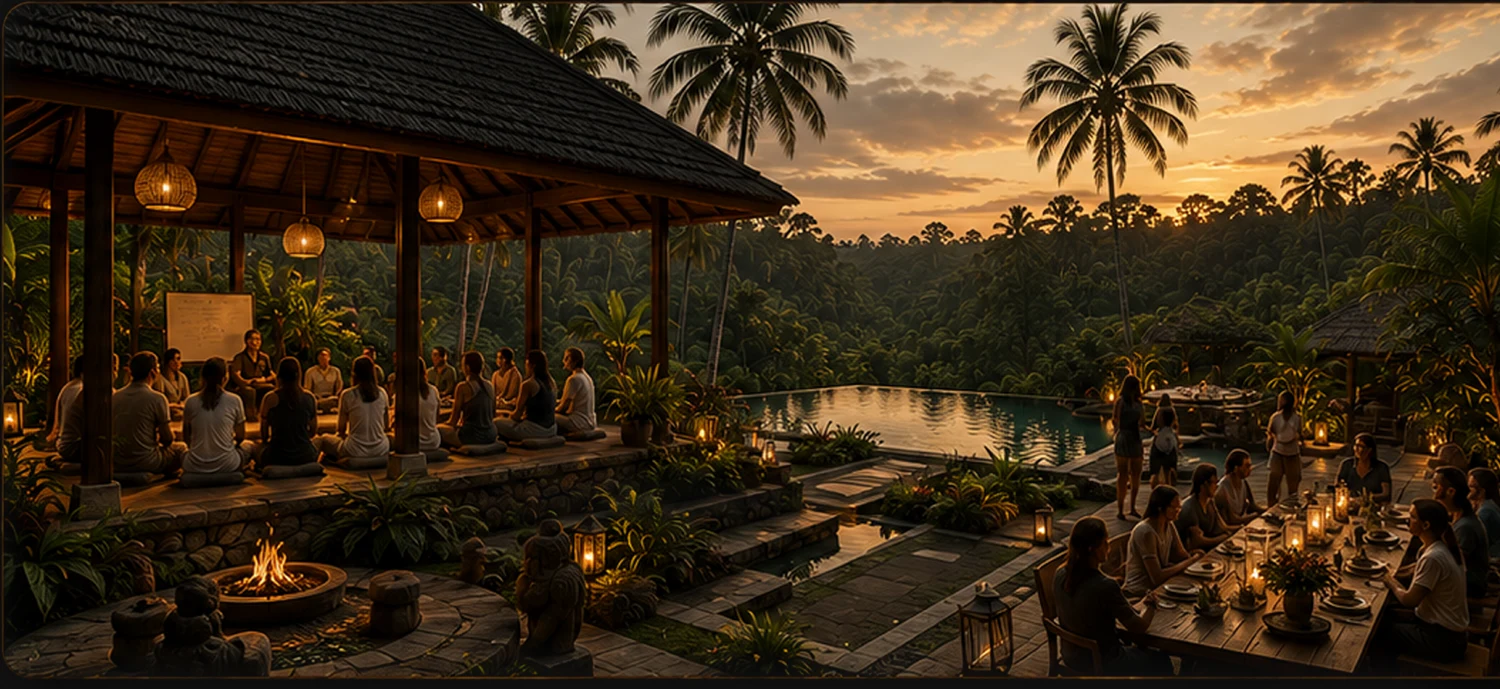 Guests gathered at a retreat center in Bali at sunset